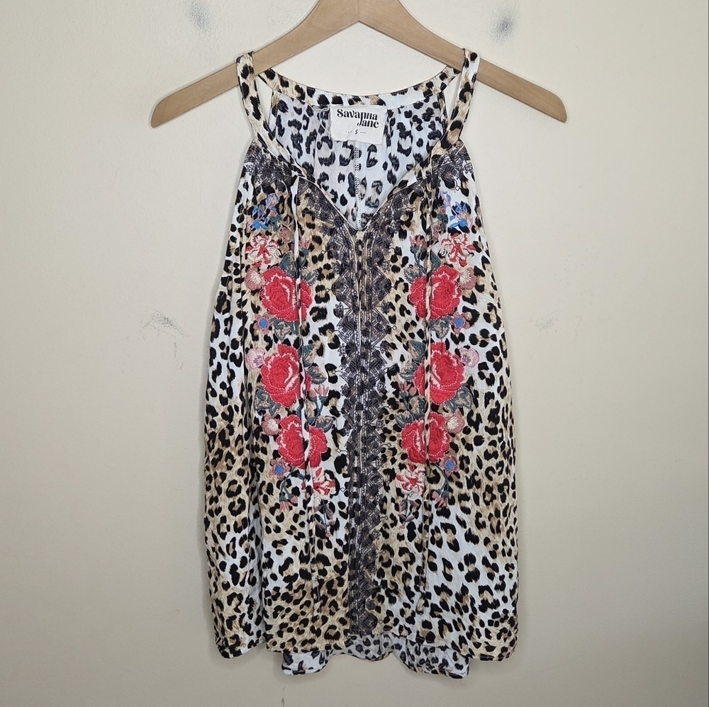 Savanna Jane Rose Floral Embroidered Cheetah Print Halter Tank Top Size Small
